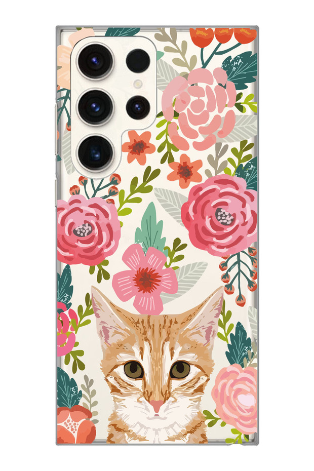 Samsung Galaxy S23 Ultra Compatible Transparent Phone Case with Cat and Flower Pattern