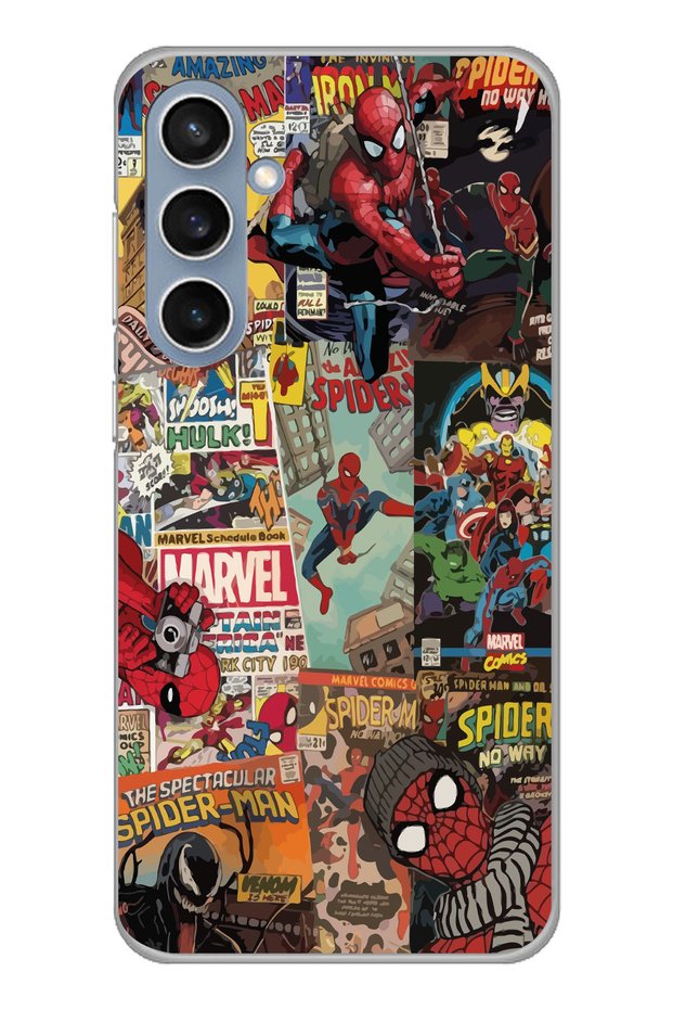Samsung Galaxy S23 Fe Compatible Spiderman Collage Patterned Transparent Phone Case