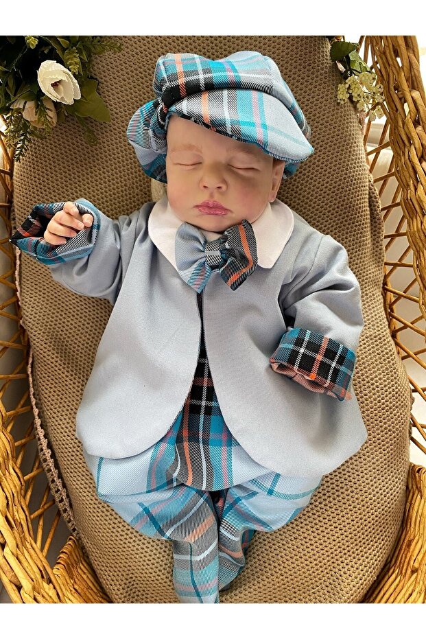 Blue Plaid Double-Sided Jacket, Booties, Trousers, Cap, Bow Tie and Snap Fastener, White Cotton Body Suit