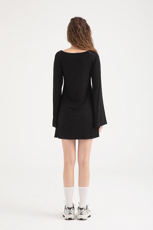Ultra Soft Volan Kol Mini Elbise Siyah - 4