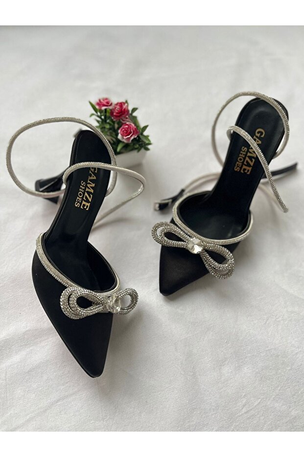 Black Satin Tie-Detail at the Wrist Bow Rhinestone