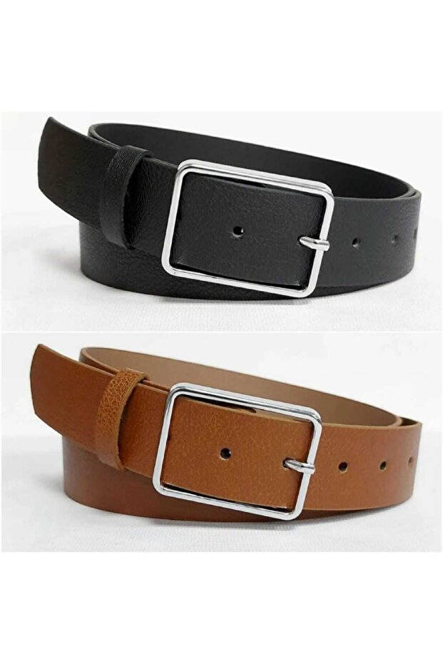 Kadın Basic Siyah-Taba Gümüş Tokalı 2^li Kemer Set - 7