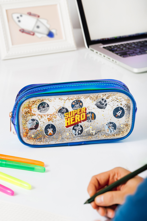 Blue Space Astronaut Model Highlighter Gel Design School Zippered Pen Holder Men's Pencil Box