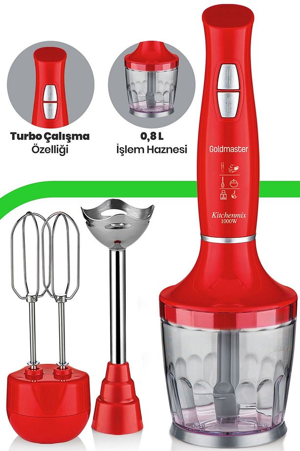 Kitchenmix 1000w Güçlü Motor Turbo Hız Ayarlı 3 In 1 Blender Set Kırmızı In6140k - 2