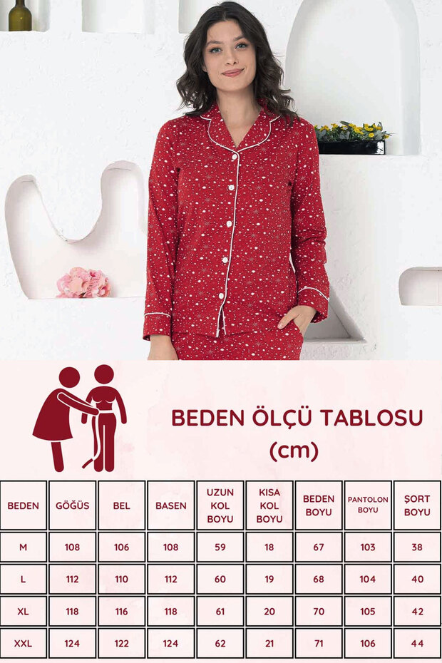 طقم بيجامة نسائي أحمر بأزرار وأكمام طويلة - 8