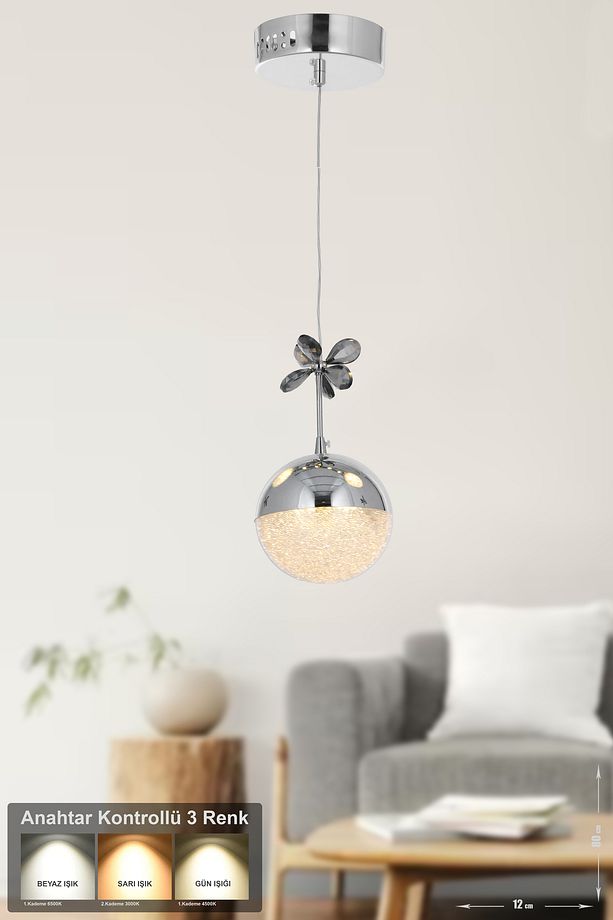 Forde Tekli Ledli Modern Lüks Sarkıt Avize (3 RENK LED; SARI - BEYAZ - GÜN İŞIĞI) - Krom - 1
