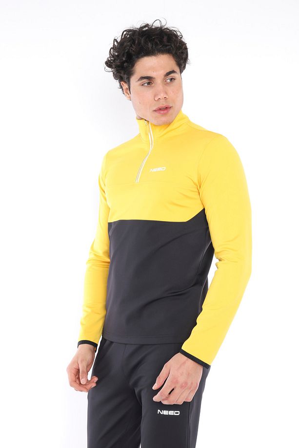 Erkek Sarı Dalgıç Kumaş Yarım Fermuarlı Slim Fit Eşofman Takımı - 6