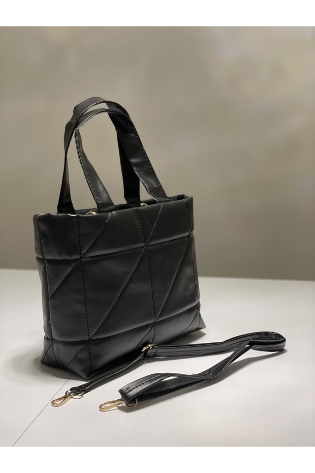 Women's Black Embossed Quilted Pouf Inflatable Faux Leather Shoulder Strap Tote Hand and Shoulder Bag