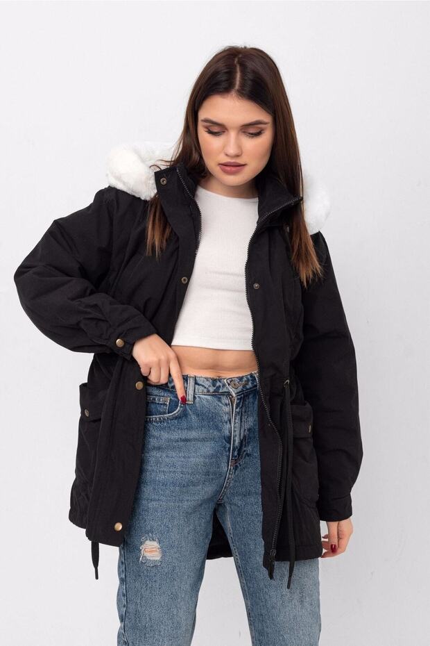 Women's Fur Collar Hooded Long Black Coat with Fleece Pocket A36-077