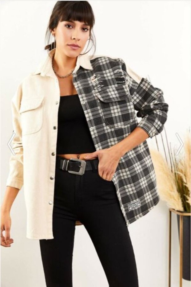 Women's Black-beige Plaid Boyfriend Oversize Vintage Jeans Denim Jacket
