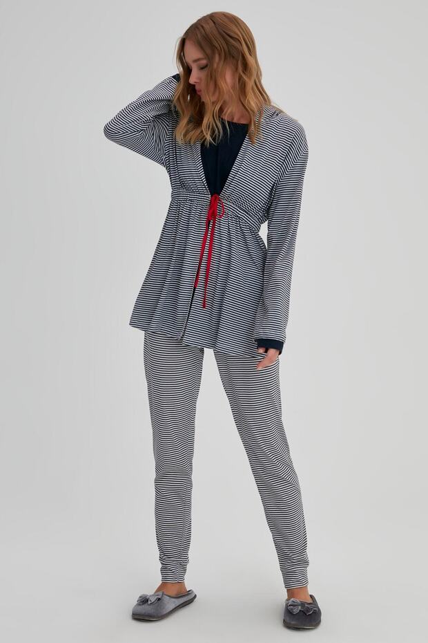 Granatowy, bawełniany szlafrok w paski - 4