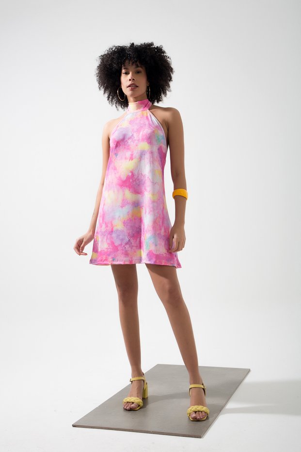 Quen Halter Back Low-cut Printed Mini Dress