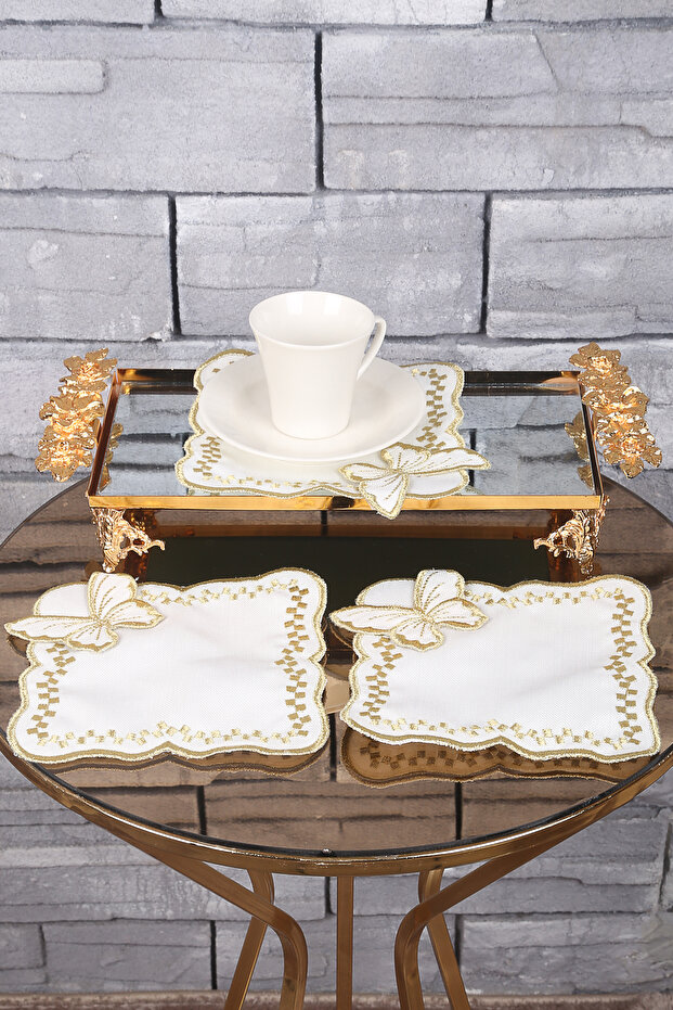 Butterfly Gold 6-Piece Maraş Work Glazed Embroidery Embroidered Gardenia Presentation Cocktail Coffee Presentation Napkin