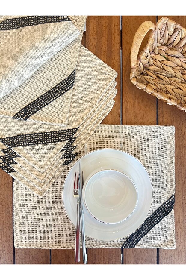 American Service,Jut Wicker 6-Piece Black Embroidered 30 Cm X 40 Cm