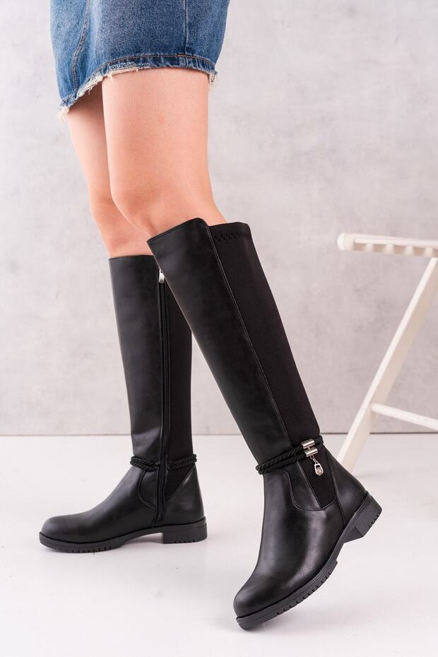 Women's Stoned Black Diving Fabric Knee-High Boots