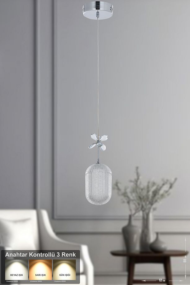 Motta Tekli Ledli Modern Lüks Sarkıt Avize (3 RENK LED; SARI - BEYAZ - GÜN İŞIĞI) - Krom - 1