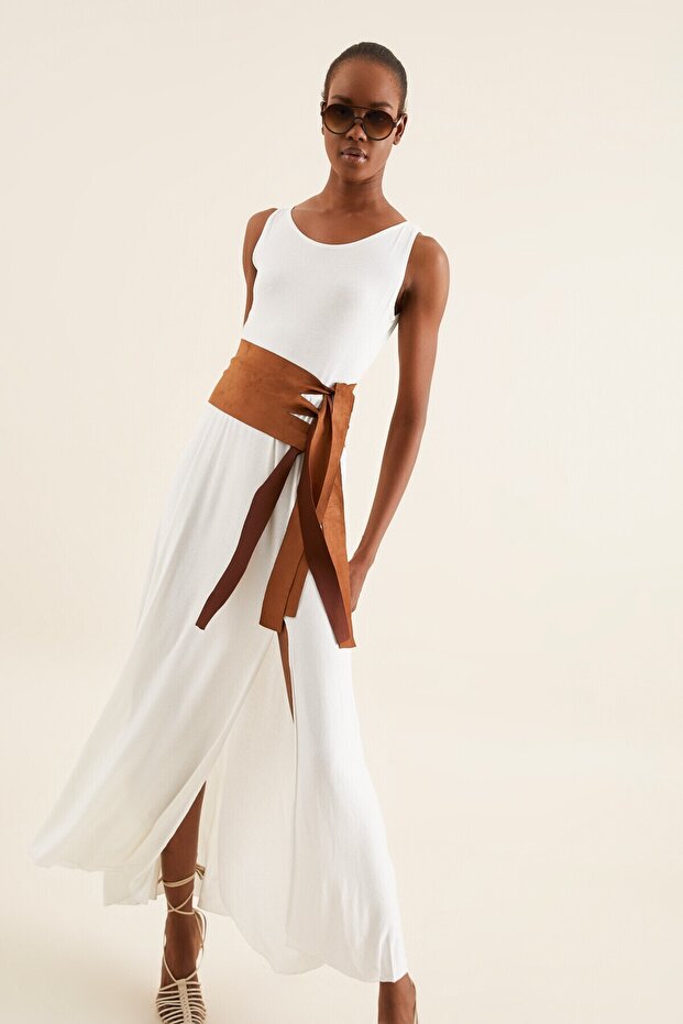 Women's Ecru Suede Belted Slit Dress