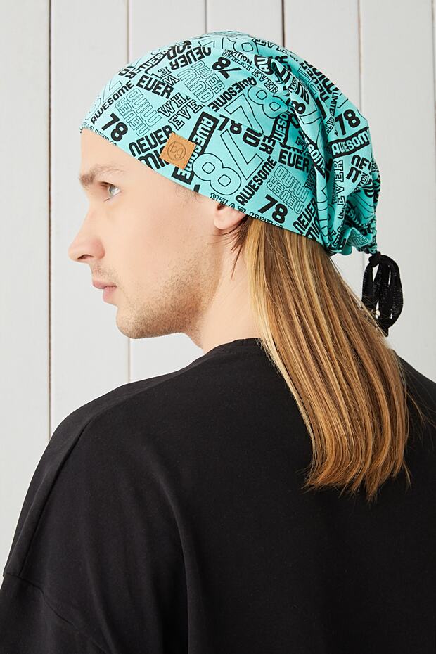 Men's Turquaz Black Patterned Rope Detailed 4 Season Hat Beanie Buff Ultra Soft Natural Combed Cotton