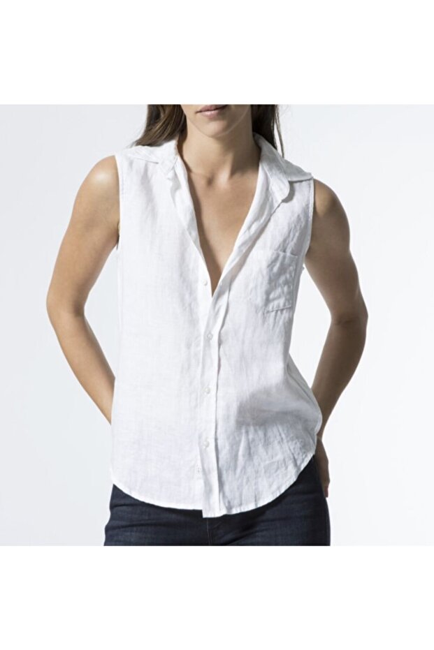White Zero Sleeve 100% Linen Shirt
