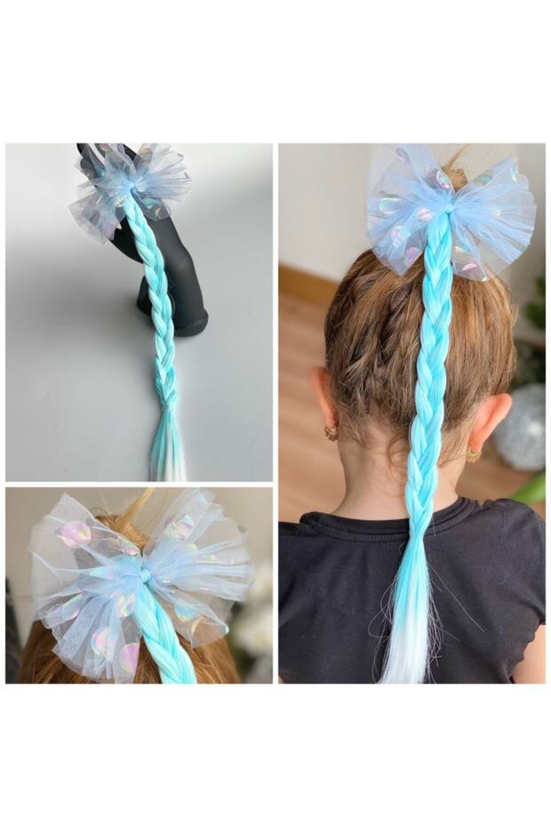 Hologram Polka Dot Tulle Bow Pastel Turquoise Blue White Balayed Rapunzel Braid Hair Hairpiece Buckle