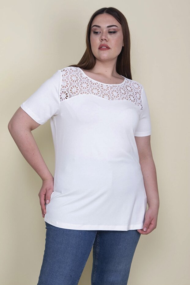 Women's Large Size Bone Robe Lace Detailed Blouse 65n25764 - 2