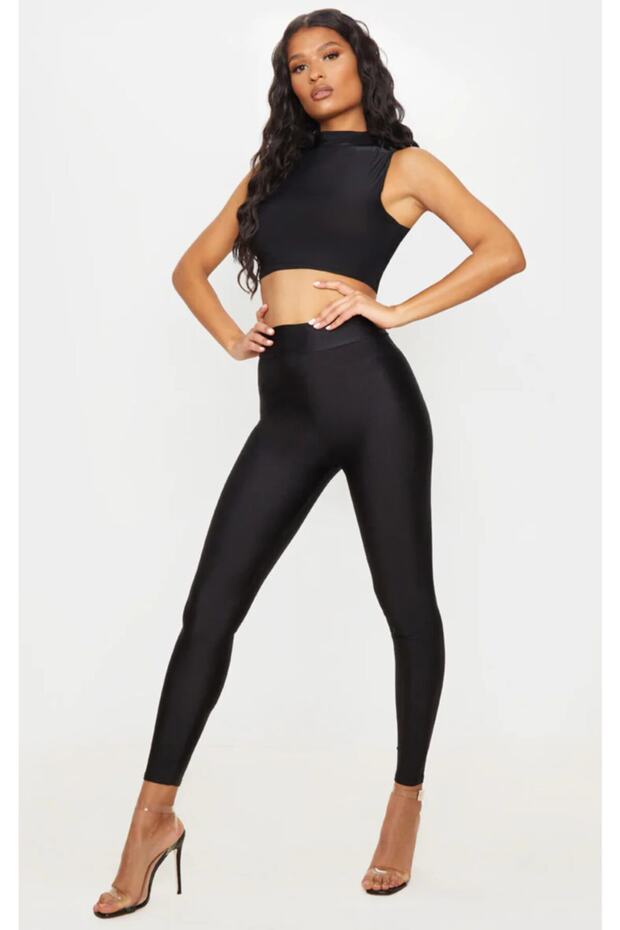 Women's Black Shiny High Waist Shaping Disco Leggings