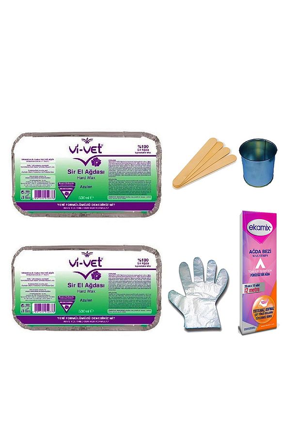 Vivet Azulen Kalıp Sir Ağda 400 ml 2 Adet Full Set Eldiven Kova Ağda Cubuğu Ağda Bezi - 1