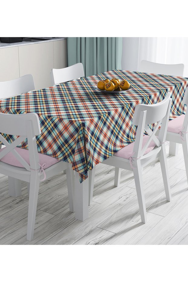 Pastel Colored Plaid Pattern Digital Printed Tablecloth on Colorful Background