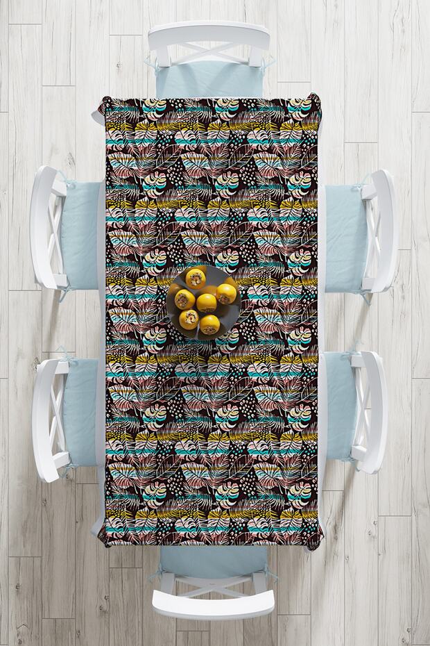 Leaf Patterned Digital Printed Tablecloth on Black Background - 2