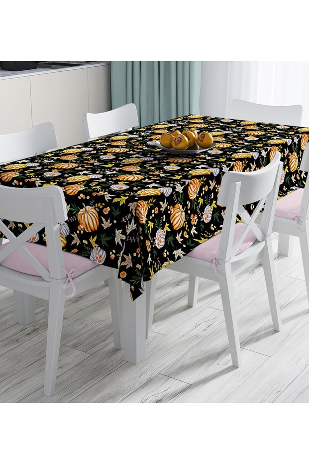 Digital Printed Tablecloth with Pumpkin Pattern on Black Background