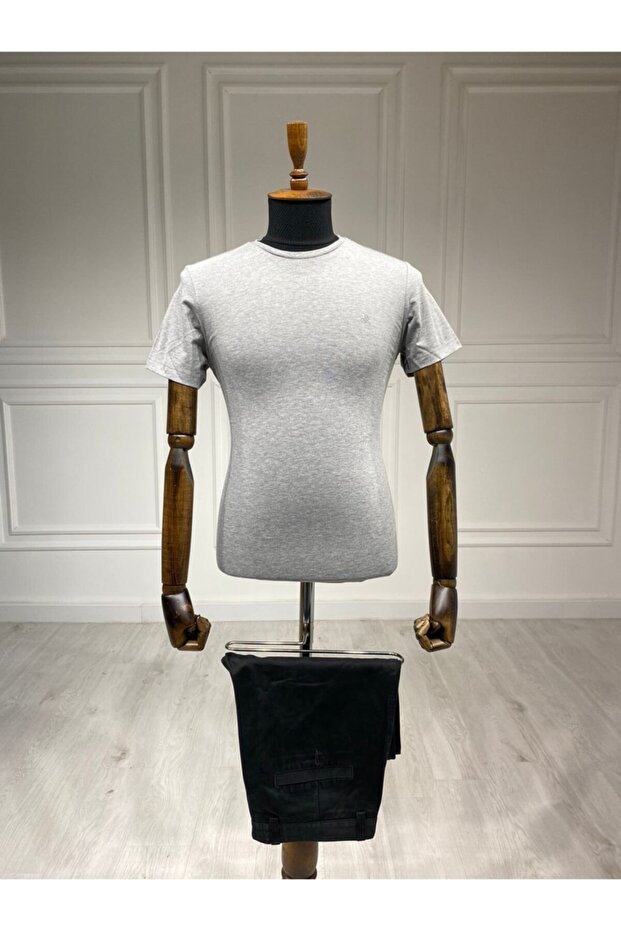 Gri Basic 0 Yaka T-shirt - 1