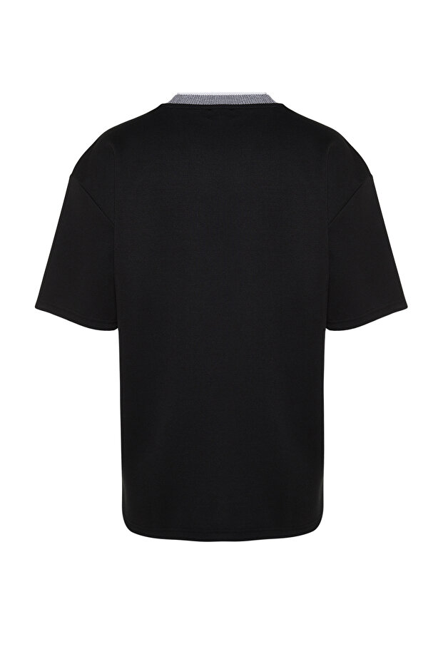 Premium Siyah Oversize/Geniş Kesim Triko Bantlı Dokulu Pike T-Shirt TMNSS23TS00079 - 8