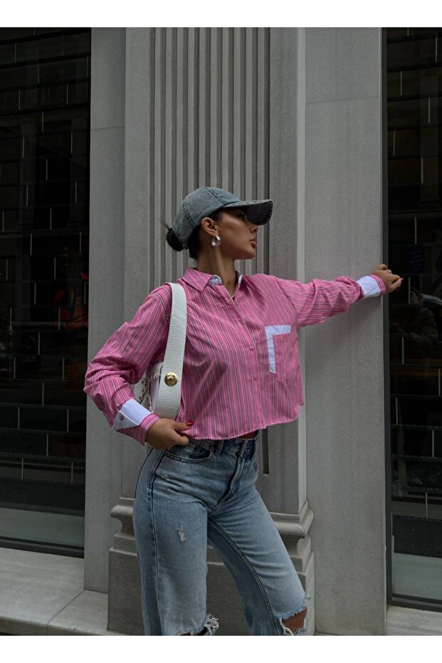 Women's Crop Shirt Pocket Detailed Special Design Vertical Striped Poplin Fabric Pink Color