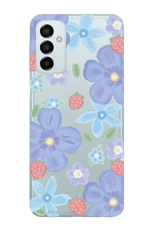 Samsung Galaxy M13 Compatible Flower and Strawberry Pattern Transparent Phone Case
