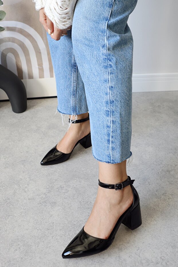 Women's Ruth Short Thick Heeled Daily Comfortable Black Patent Leather Shoes