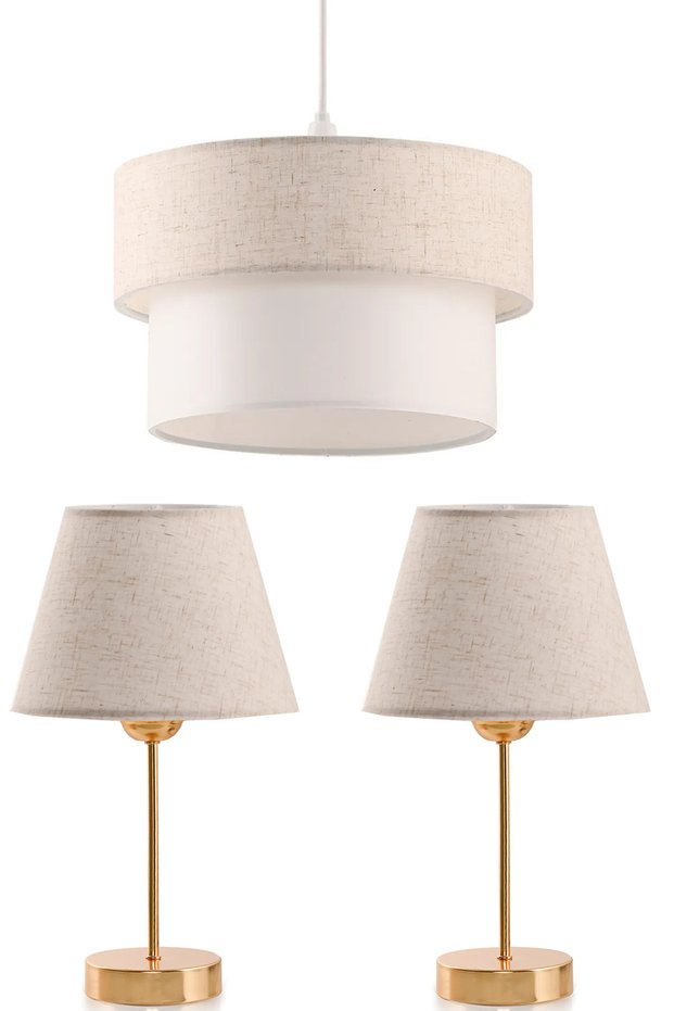 Triple Lampshade and Chandelier Set Linen Fabric Bedroom Gold Metal Lampshade