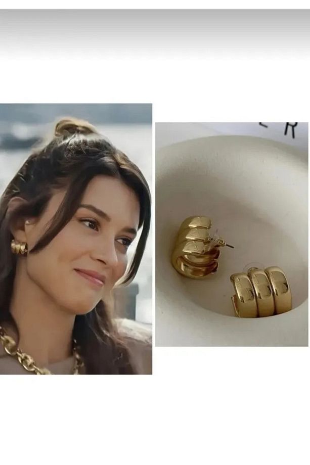 Kadın Premium 3 Sıra Gold Bombeli Küpe - 4