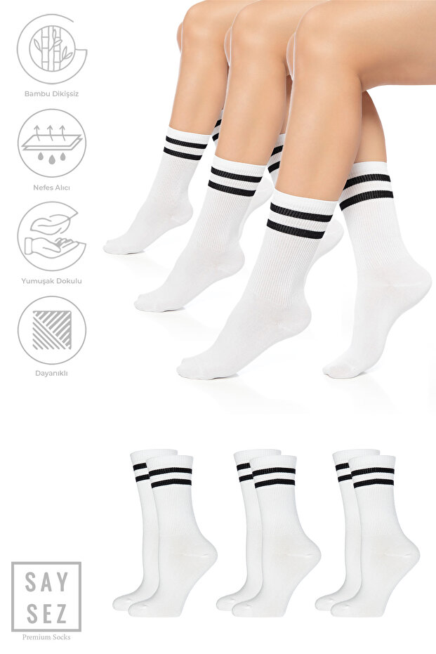Bamboo Unisex Tennis College Striped Premium White Seamless Socks Pack of 3