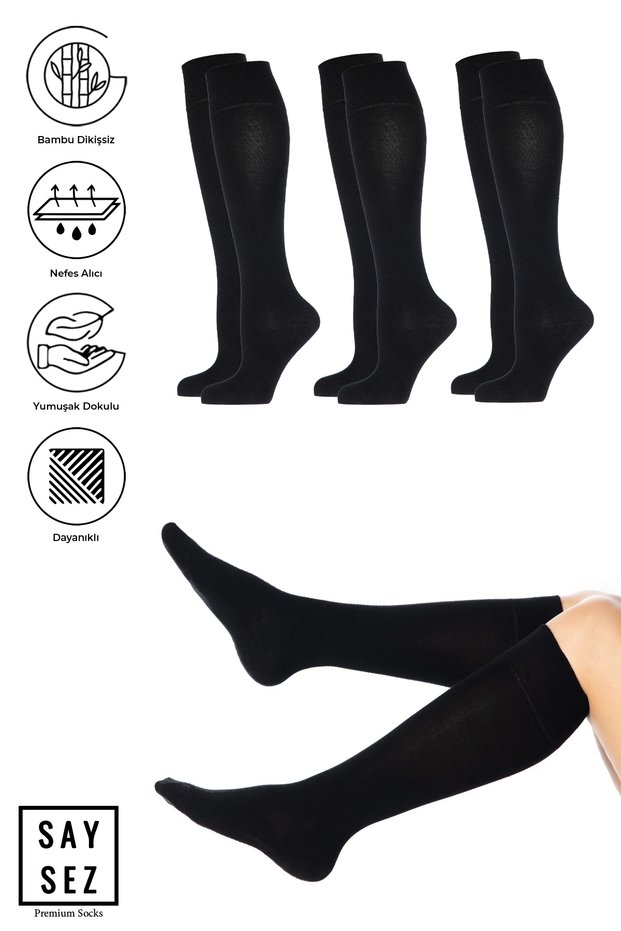 Bamboo Women's Knee-Length Black Seamless Socks 3-Piece / Pantyhose / Skin-Coloring Socks
