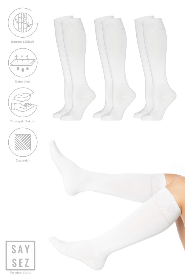 Bamboo women's knee-high white seamless socks 3-pack / pantyhose socks / no show socks