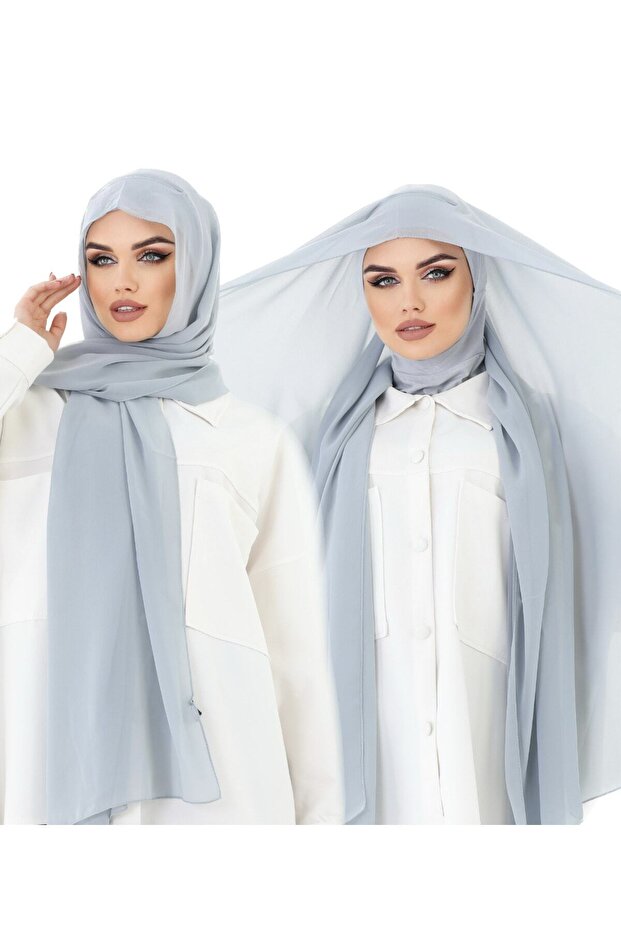 Practical Neck-Covering Chiffon Ready-To-Wear Shawl, Umrah Shawl, Gray Shawl with Ninja Bonnet