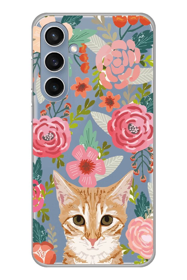 Transparent Phone Case with Cat and Flower Pattern Compatible with Samsung Galaxy S23 Fe