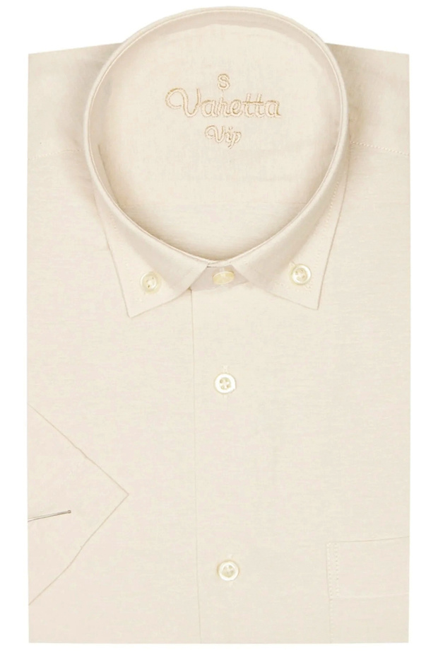 Men's Beige Cotton Short Sleeve Pocket Collar Buttoned Classic Cut Shirt