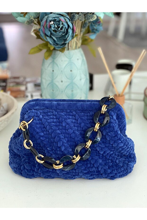 El Yapımı Gece Mavisi Yün Örgü El Çantası - 1