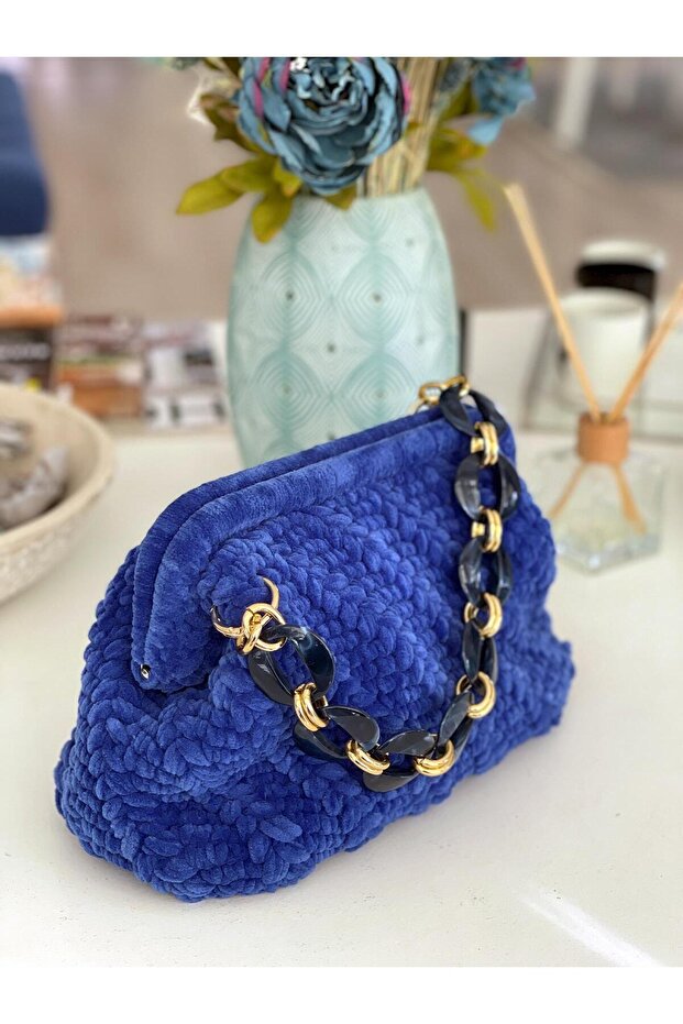 El Yapımı Gece Mavisi Yün Örgü El Çantası - 2