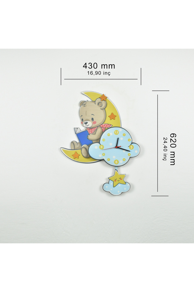 Sevimli Ay Ve Ayıcık Çocuk Odası Ahşap Duvar Saati - 9