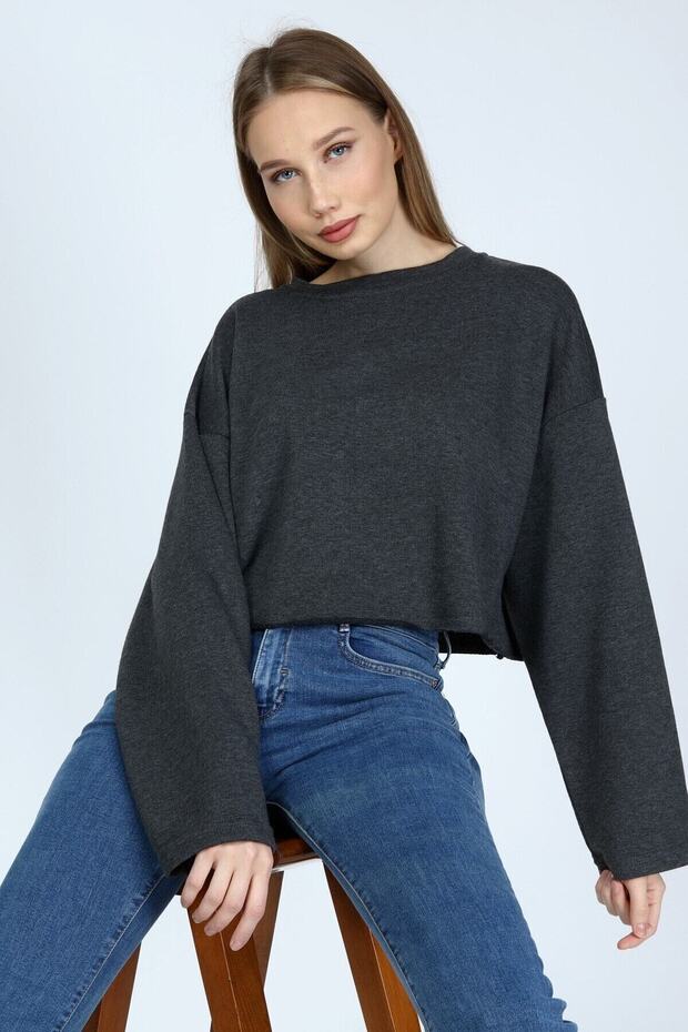 Kadın Antrasit Basic Sweatshirt - 1