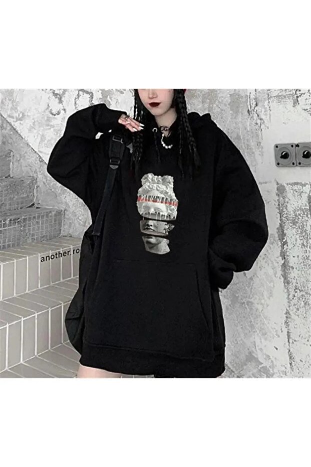 Sevunera Hooded Segmented Head Printed Black Color Sweatshirt