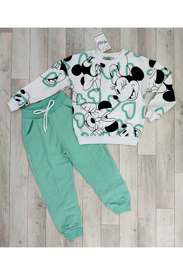 Minnie Patterned Girl's Green Tracksuit Set with Pockets
