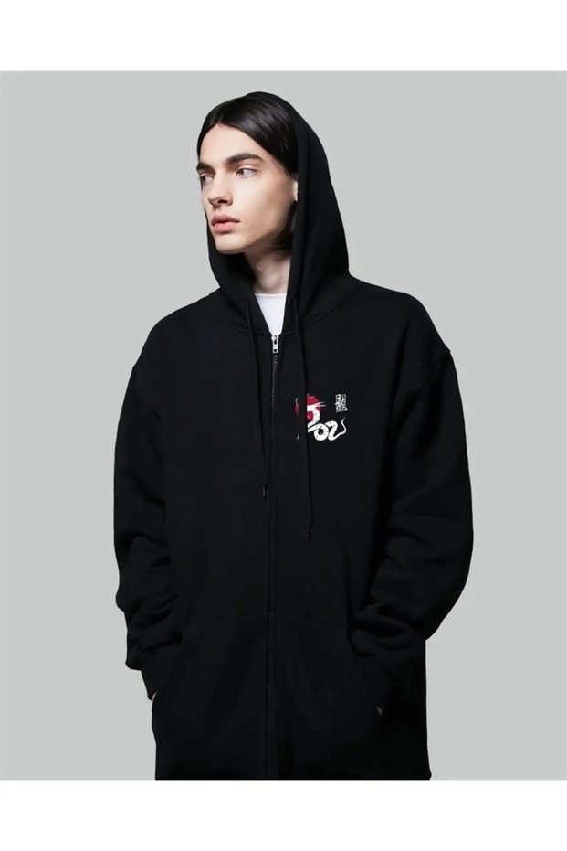 Zippered Dragon Printed Oversized Black Color Hooded Sweatshirt